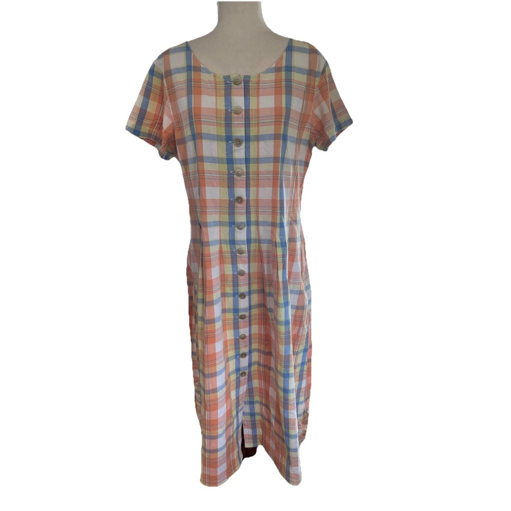 VTG Plaid Picnic Dress Button Front Cotton Pockets Midi Cottagecore 14 Large